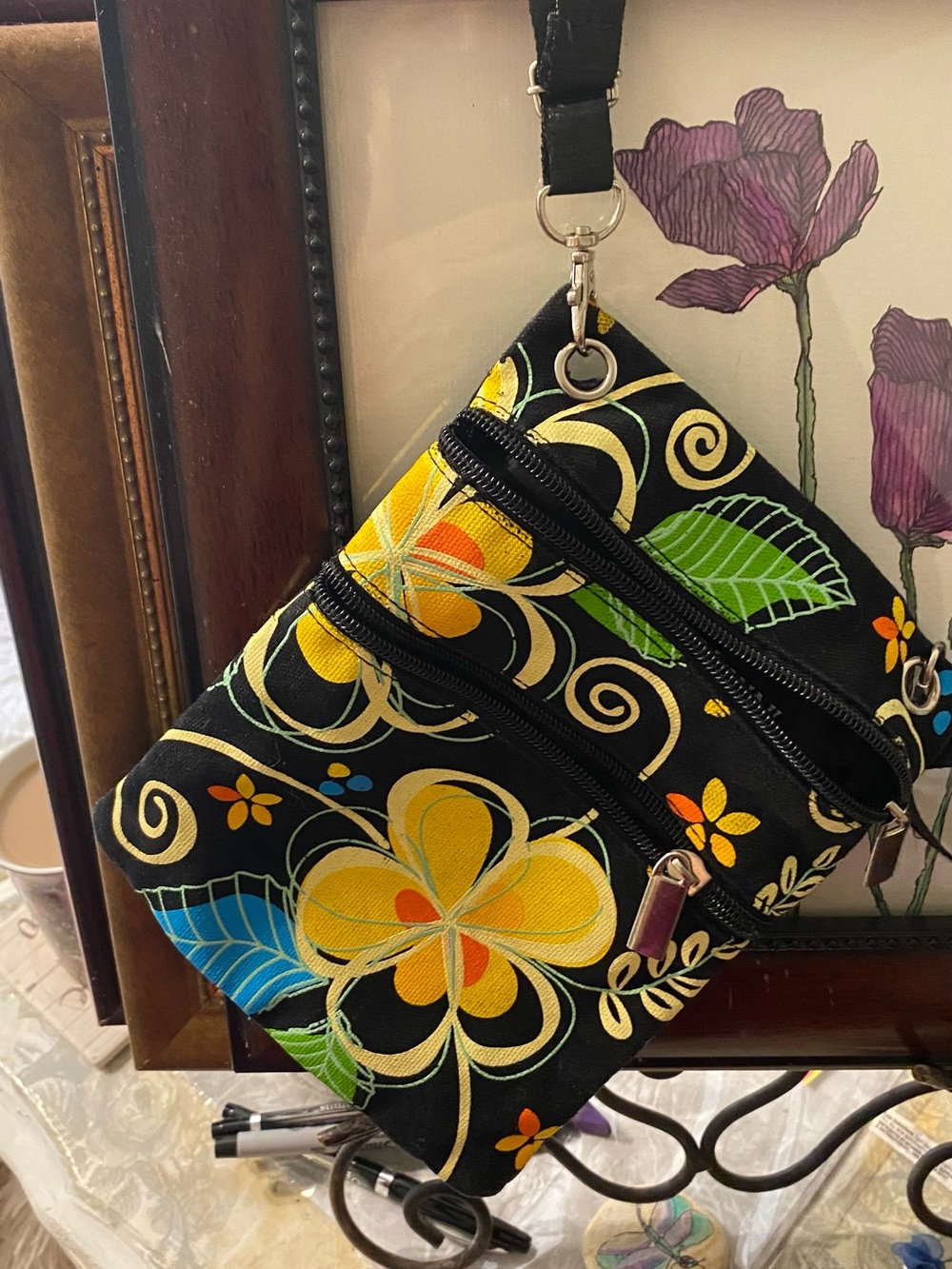 Black Floral Crossbody Bag with Yellow and Blue Accents - Picture 11 of 12